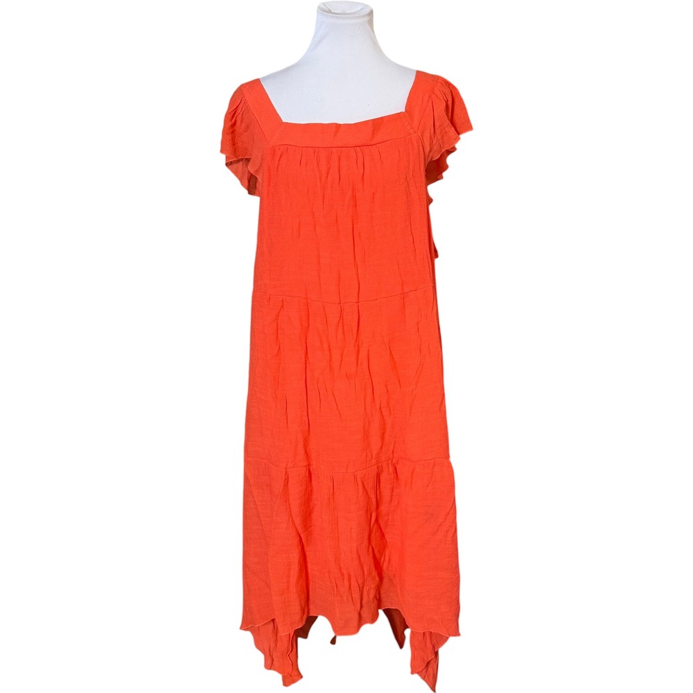 Mlle Gabrielle Tiered Midi Dress Womens 3X Orange Flutter Sleeve Sun Dress